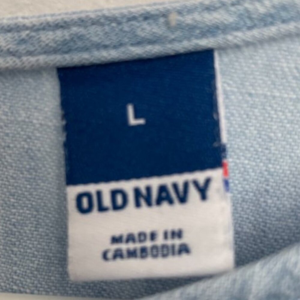 Old Navy Blue Denim Chambray Dress Women's Sz L Puff Sleeve Tiered Cotton - Picture 5 of 6